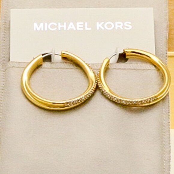 Michael Kors Stainless Steel and Pavé Crystal Gold Hoop Earrings for Women - Picture 1 of 8
